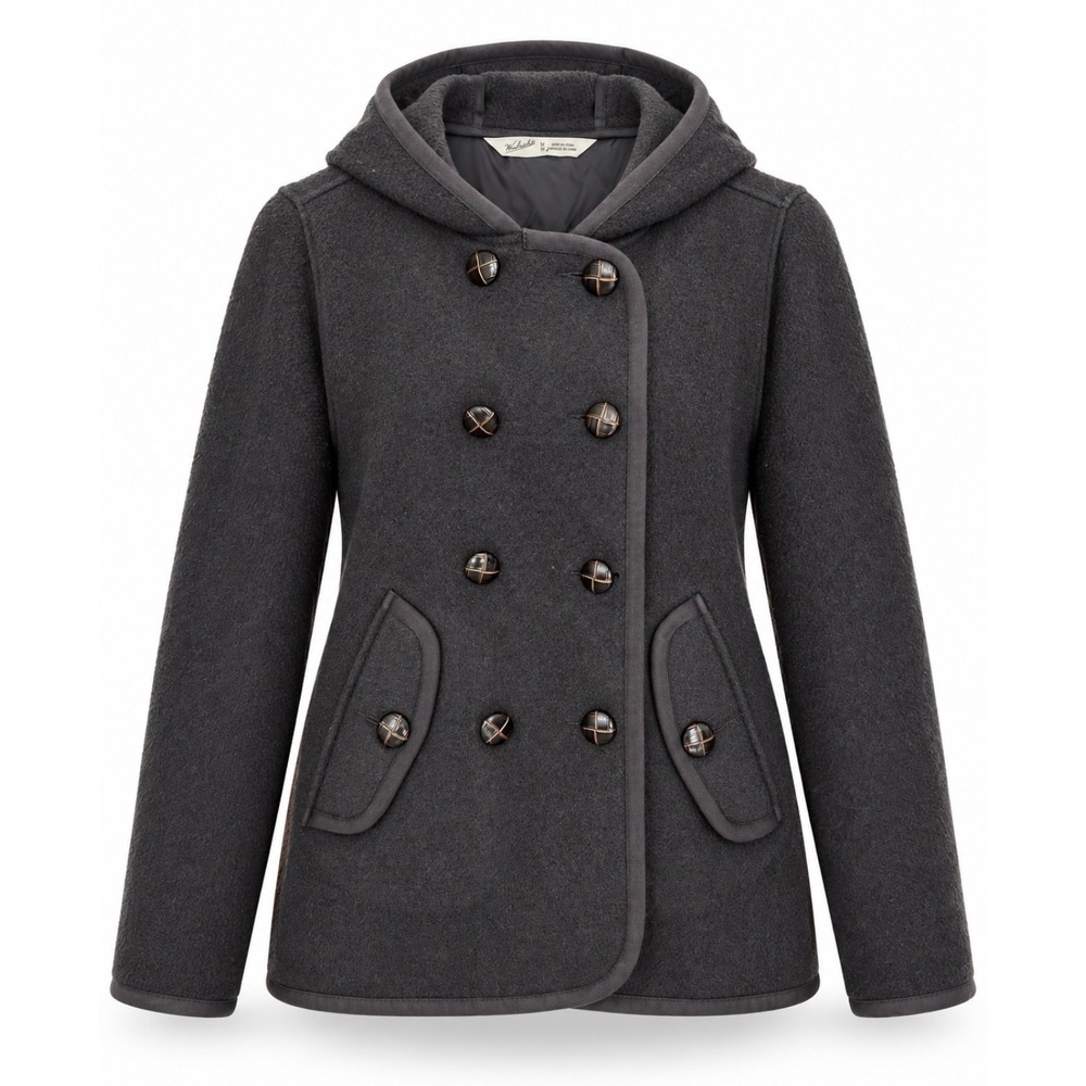 Woolrich Women's M Charcoal Wool Blend Hooded Double Breasted pea coat jacket